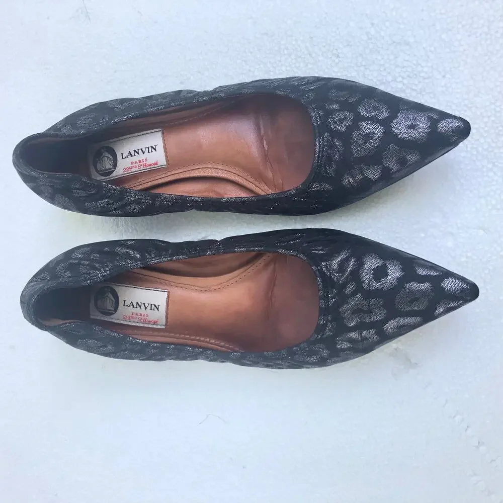 Lanvin Paris Shoes Kitten Heel Points Leopard Pattern Grey Silver Black 37